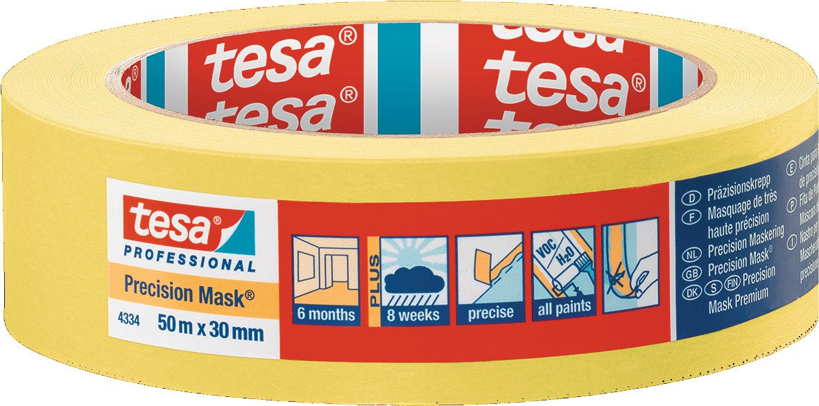 tesa Präzisionskrepp 4334 glatt gelb 25 mm x 50 m – 6 Rollen Profi-Abdeckband
