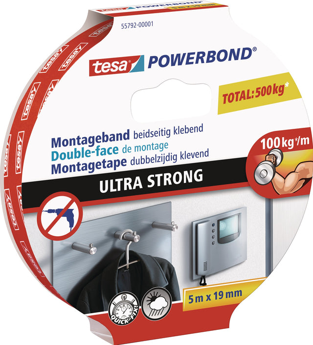 tesa Powerbond Ultra Strong 55792 Montageband, 5 m x 19 mm, weiß – Doppelseitiges Klebeband für sicheren Halt