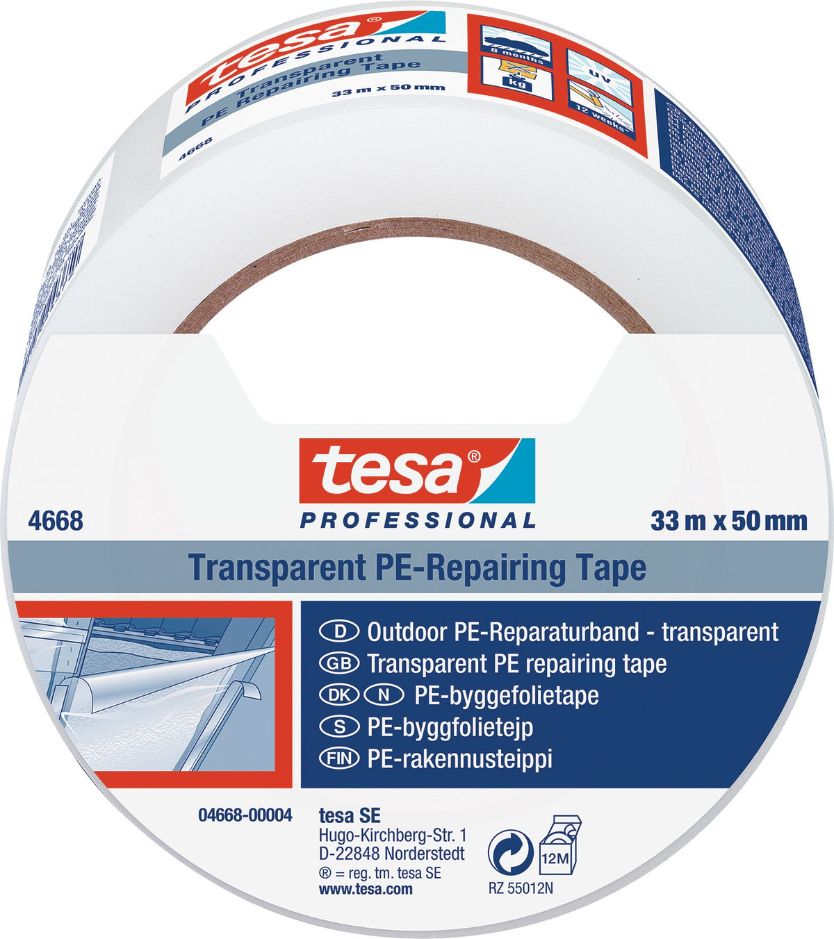tesa Folienreparaturband tesaband 4668 transparent 50 mm x 33 m – UV-beständiges PE-Klebeband