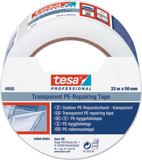 tesa Folienreparaturband tesaband 4668 transparent 50 mm x 33 m – UV-beständiges PE-Klebeband