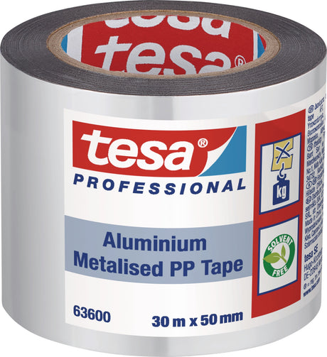 tesa Aluminiumklebeband 63600 ohne Liner, 50 mm x 30 m, aluminiumbedampft – für Wärmedämmung und Isolierarbeiten