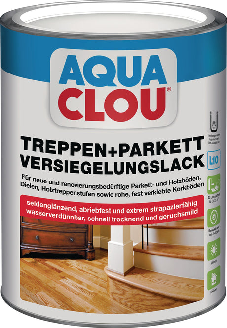 CLOU Treppen-/Parkettversiegelungslack L10 farblos seidenglanz 2,5l Dose – Strapazierfähige Versiegelung
