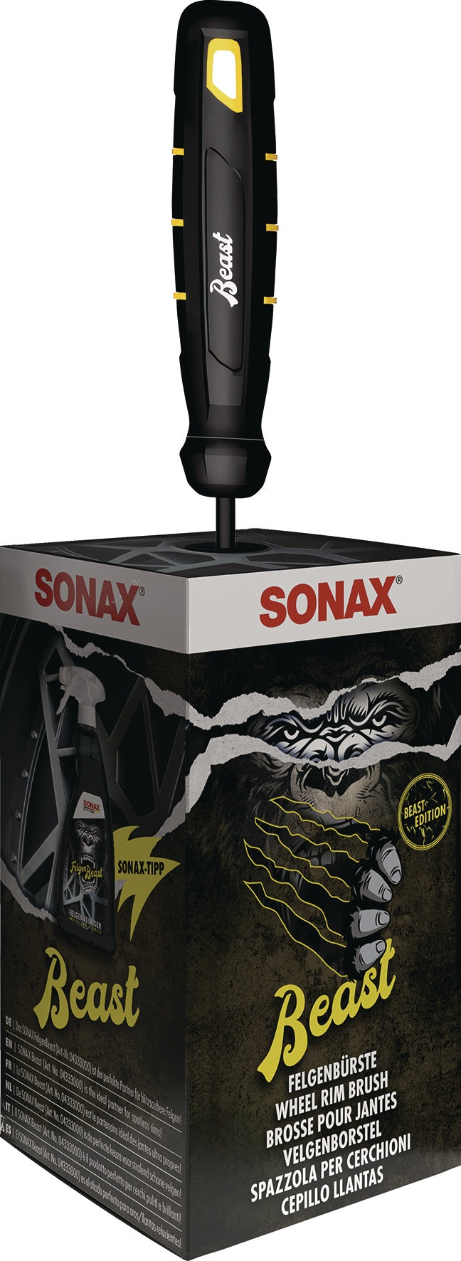 SONAX Felgenbürste Beast Edition schwarz/gelb – 6 Stück Set, kratzfreie Reinigung