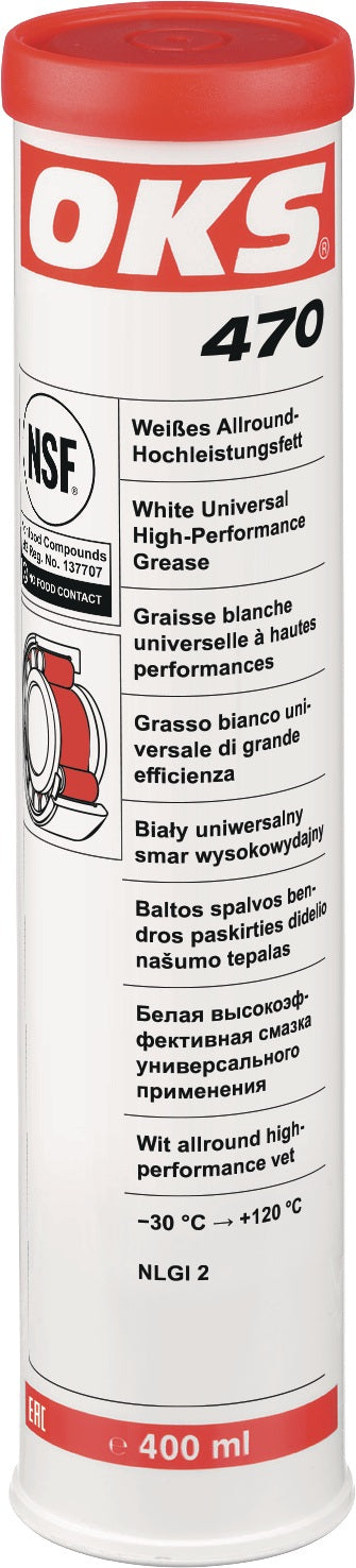 OKS 470 Weißes Allround-Hochleistungsfett NSF H2 400ml Kartusche, 10er-Pack