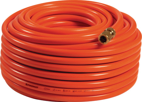 PROMAT Wasserschlauch 50 m – PVC, 4-lagig, leuchtorange, mit Messing-Schnellkupplungen