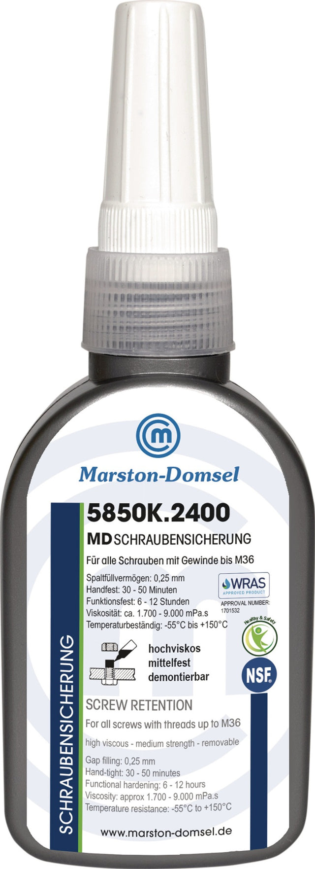 MARSTON Schraubensicherung MD-5850K.2400 50 g mittelfest hochviskos blau NSF S6 Flasche – 12 Stück