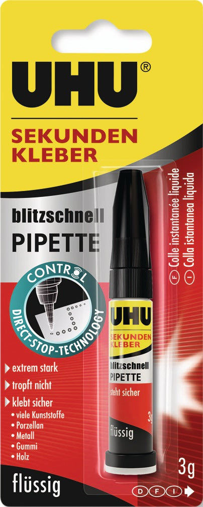 UHU Sekundenkleber blitzschnell PIPETTE Control 3g farblos Tube – 10 Stück, tropffrei & punktgenau