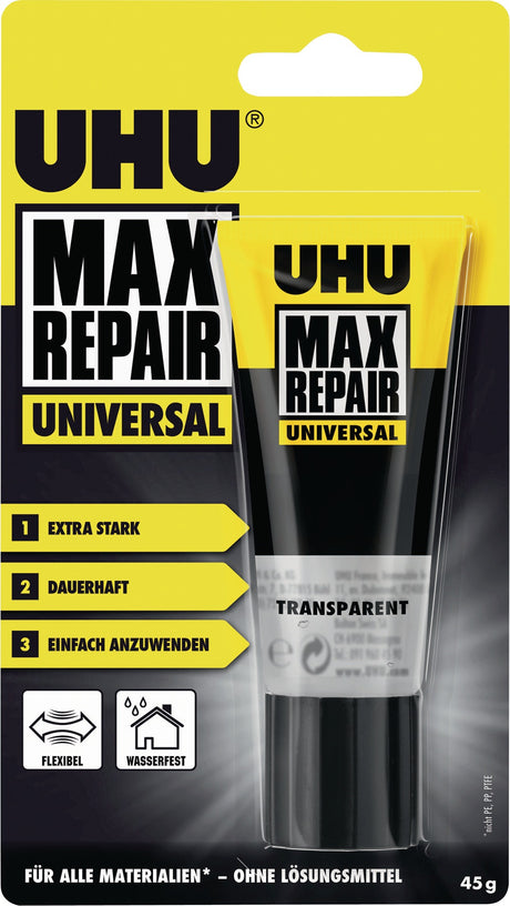 UHU MAX REPAIR UNIVERSAL Transparent 45 g Tube – Lösemittelfreier Universalkleber