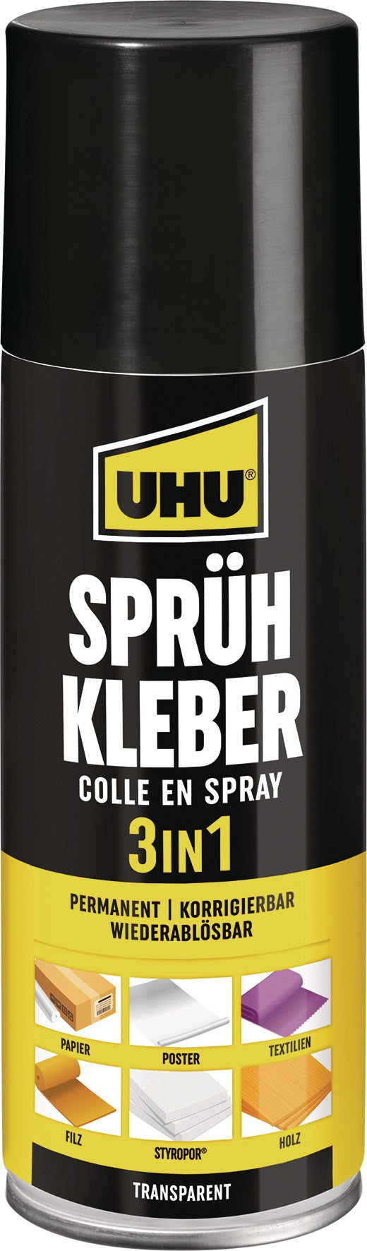 UHU Sprühkleber 3 in 1 – 200 ml Spraydose, permanent, korrigierbar & wieder ablösbar