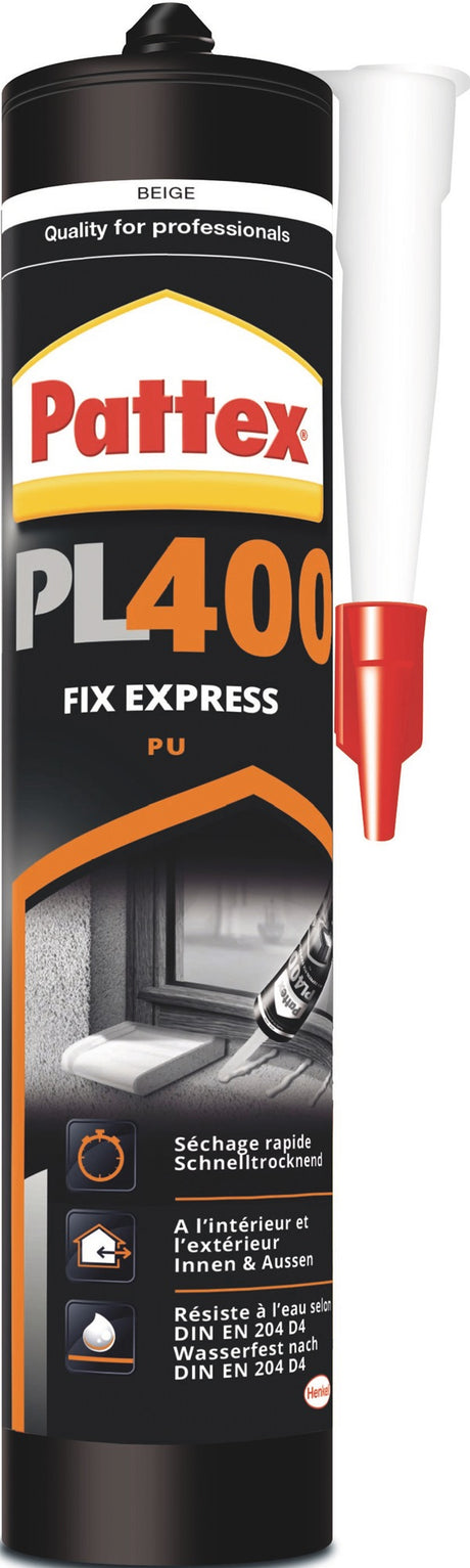 PATTEX Montagekleber PU Express PL 400 beige EN 204: D4 495 g Kartusche – 12 Stück