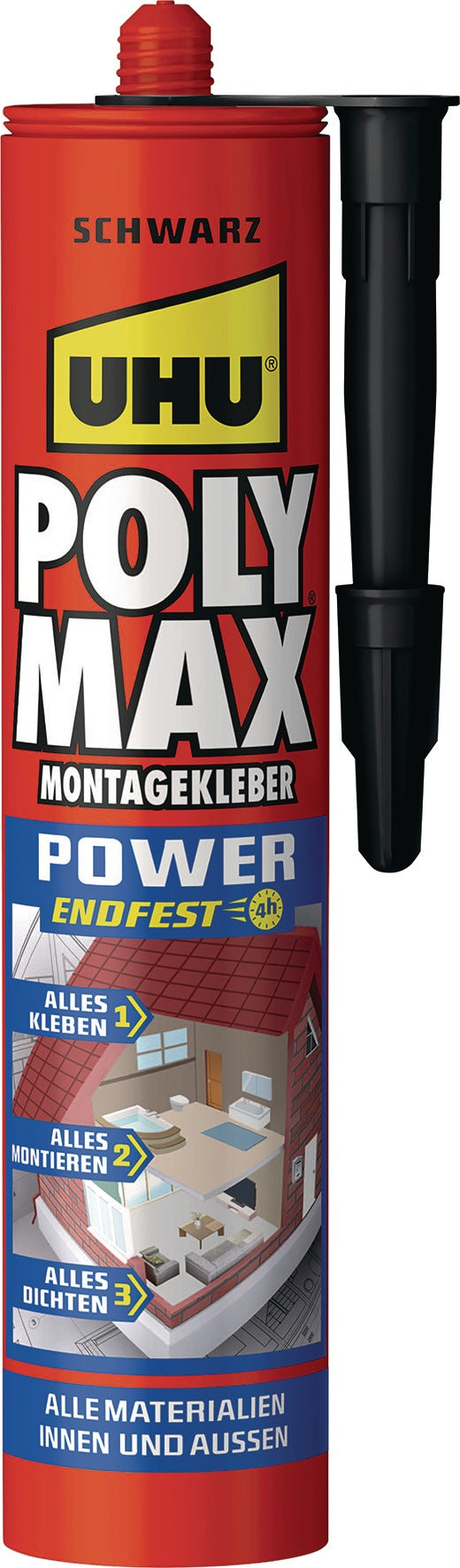 UHU POLY MAX POWER Kleb- und Dichtstoff schwarz 425 g Kartusche – 12 Stück