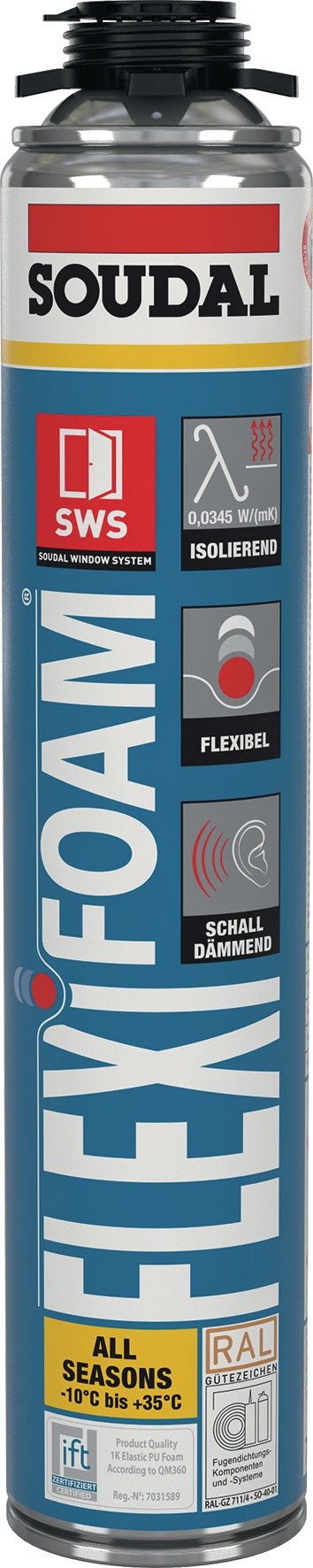 SOUDAL FLEXI FOAM 1K-Pistolenschaum 750 ml B2 blau – 12 Dosen, elastisch, schalldämmend