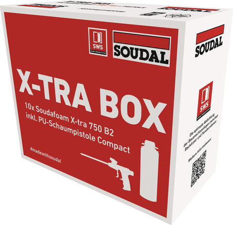 SOUDAL SOUDAFOAM X-TRA Box: 10 Dosen 1K-Pistolenschaum + PU-Schaumpistole B2
