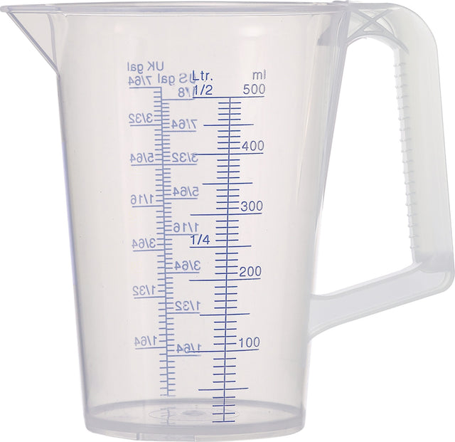 PRESSOL Messbecher 0,5 l mit blau bedruckter Skala aus Polypropylen – transparent, lebensmittelecht