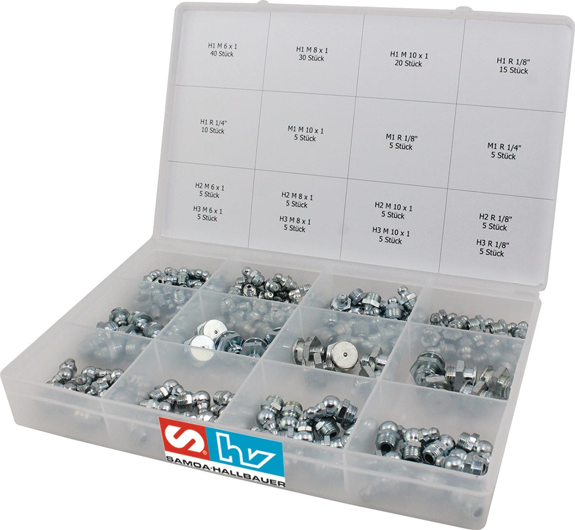 Schmiernippelsortiment 170-teilig SAMOA HALLBAUER – Stahl glanzverzinkt, M6–M10 & R1/8″