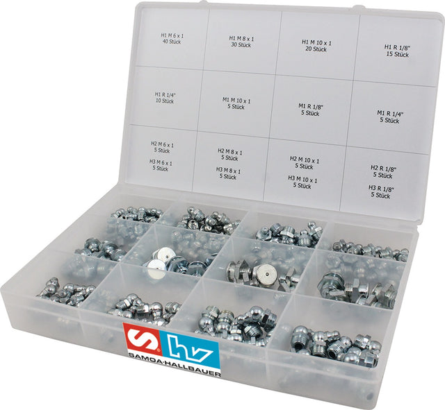 Schmiernippelsortiment 170-teilig SAMOA HALLBAUER – Stahl glanzverzinkt, M6–M10 & R1/8″