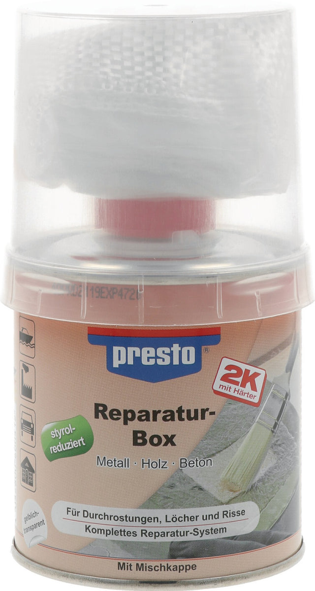 PRESTO Reparaturbox honigfarben 250g Dose – Polyesterharz-Set mit Glasfaservlies