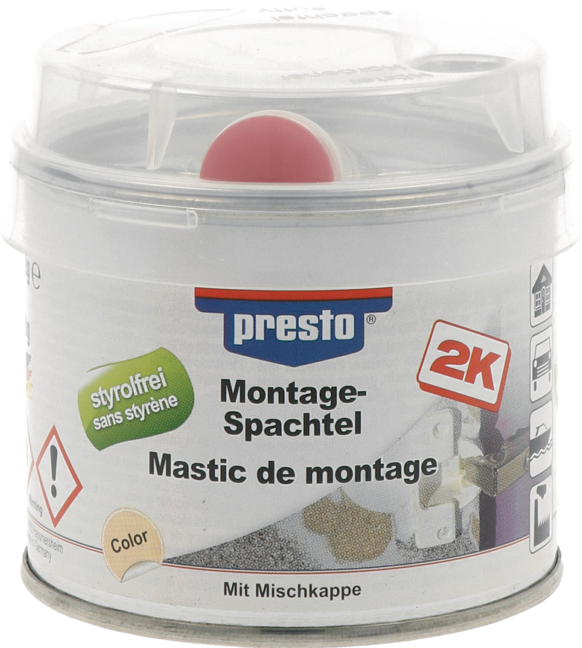 PRESTO 2K-Montagespachtel hell-ocker mit rotem Härter, 250 g Dose, 6er-Pack