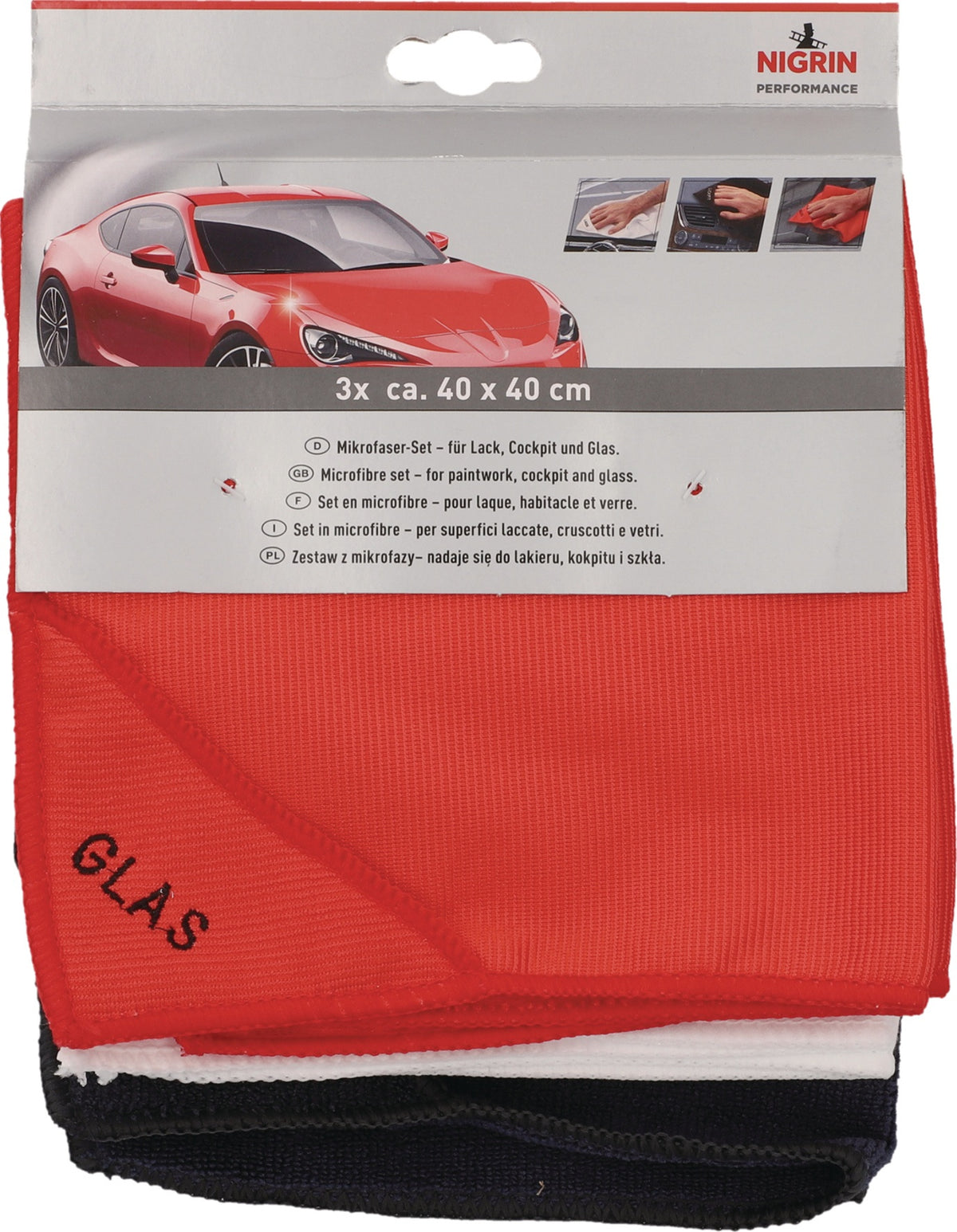 NIGRIN Mikrofasertuch-Set 3-teilig rot weiß schwarz – fusselfrei für Glas, Lack & Cockpit