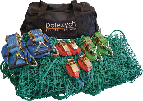 DOLEZYCH Ladungssicherungsset Handwerker 9-teilig mit Sporttasche – Zurrgurte & Abdecknetz