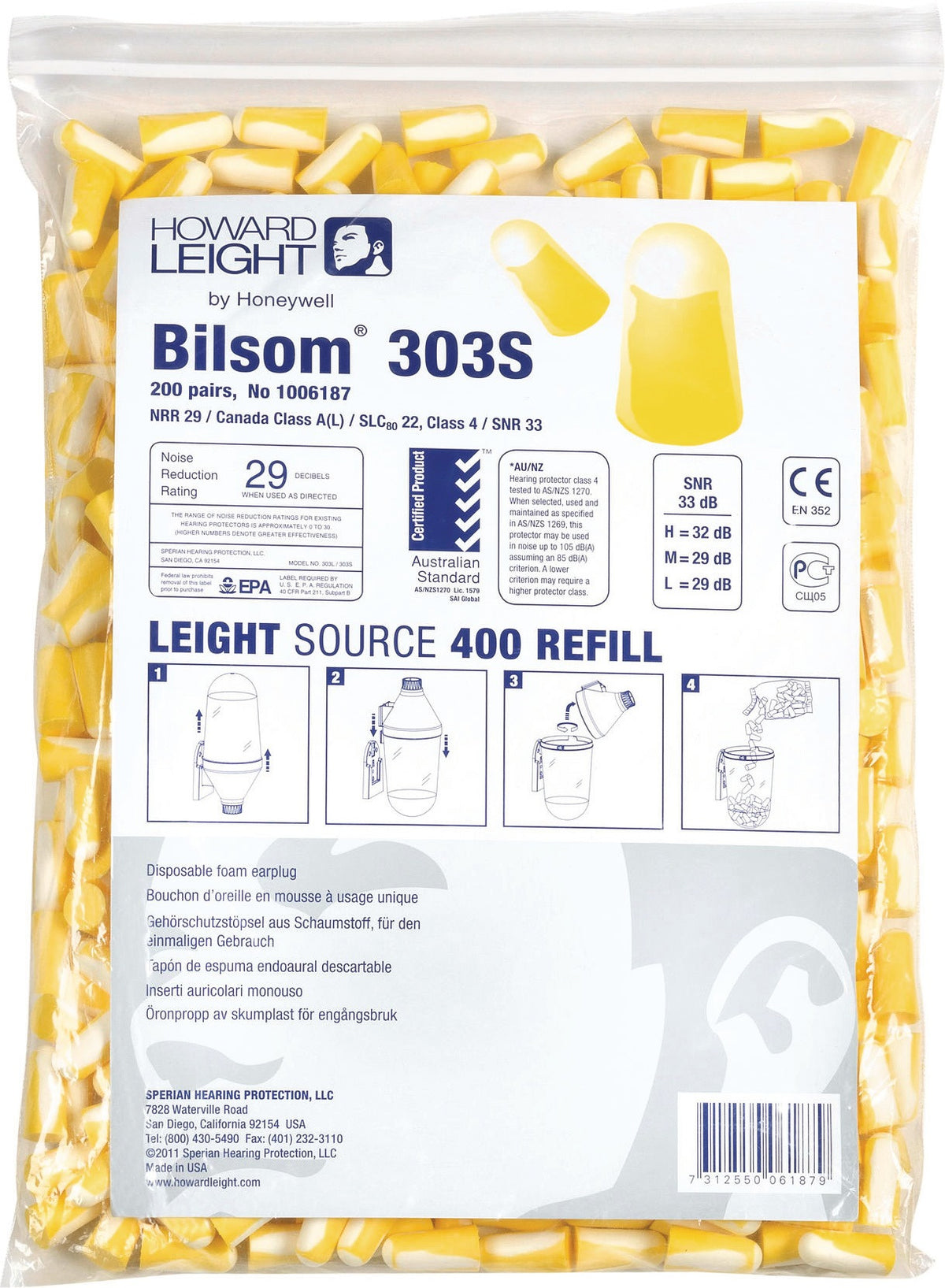 HONEYWELL HOWARD LEIGHT Bilsom 303S Gehörschutzstöpsel SNR 32 dB Nachfüllpack 200 Paar
