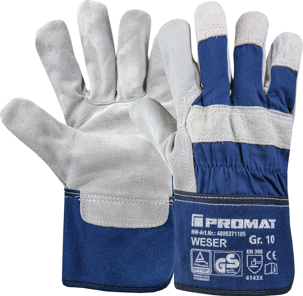 PROMAT Handschuhe Weser Gr.10 blau EN 388 PSA II aus Rindkernspaltleder