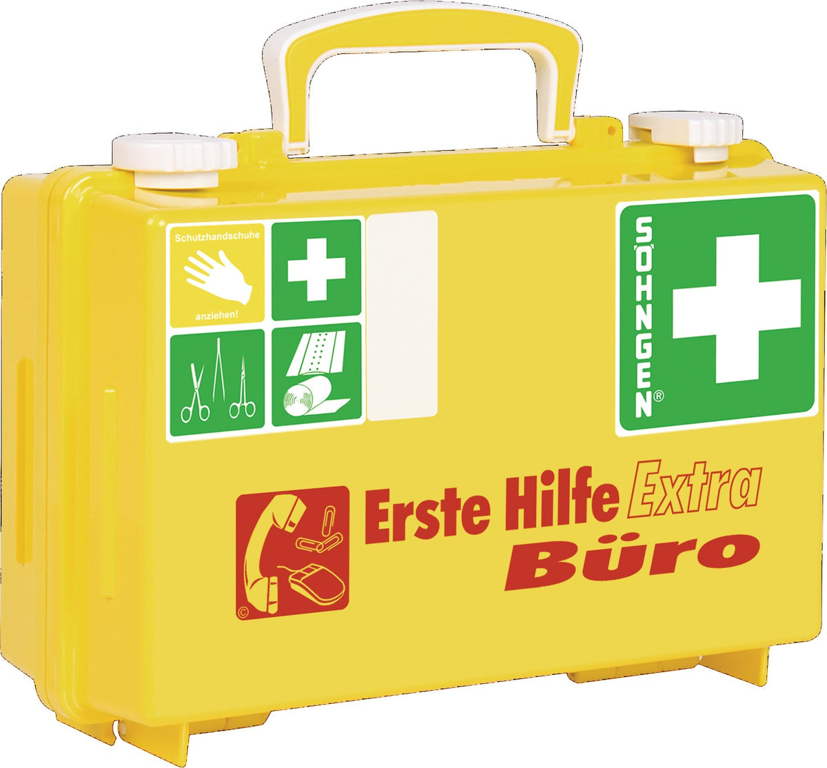 Erste Hilfe Koffer Extra Büro B260xH170xT110 mm leuchtgelb SÖHNGEN – DIN 13157-2021 mit Zusatzbefüllung