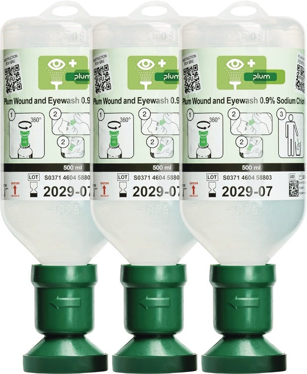 PLUM Augenspülflasche 0,5 l – 3er-Pack, DIN EN15154-4, mit Kochsalzlösung