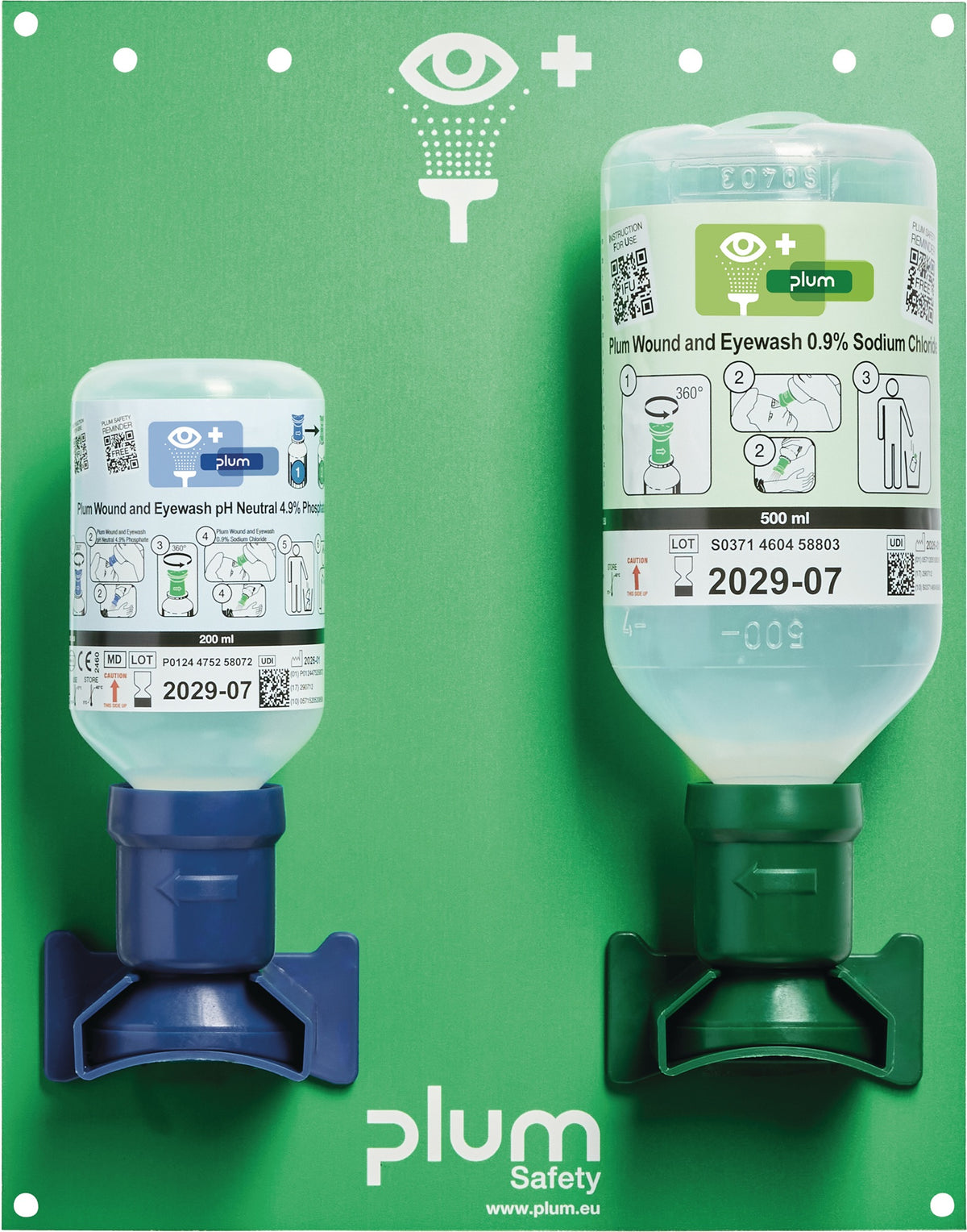 PLUM Augennotfallstation mit 200 ml pH Neutral und 0,5 l Augenspülung – Wandstation