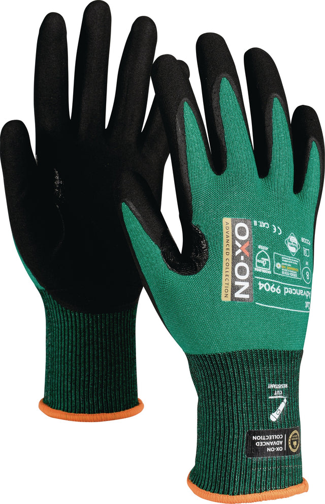 OX-ON Schnittschutzhandschuh Cut Advanced 9904 Gr.9 schwarz/grün EN 388, EN 420+A1 PSA II – 12 Paar