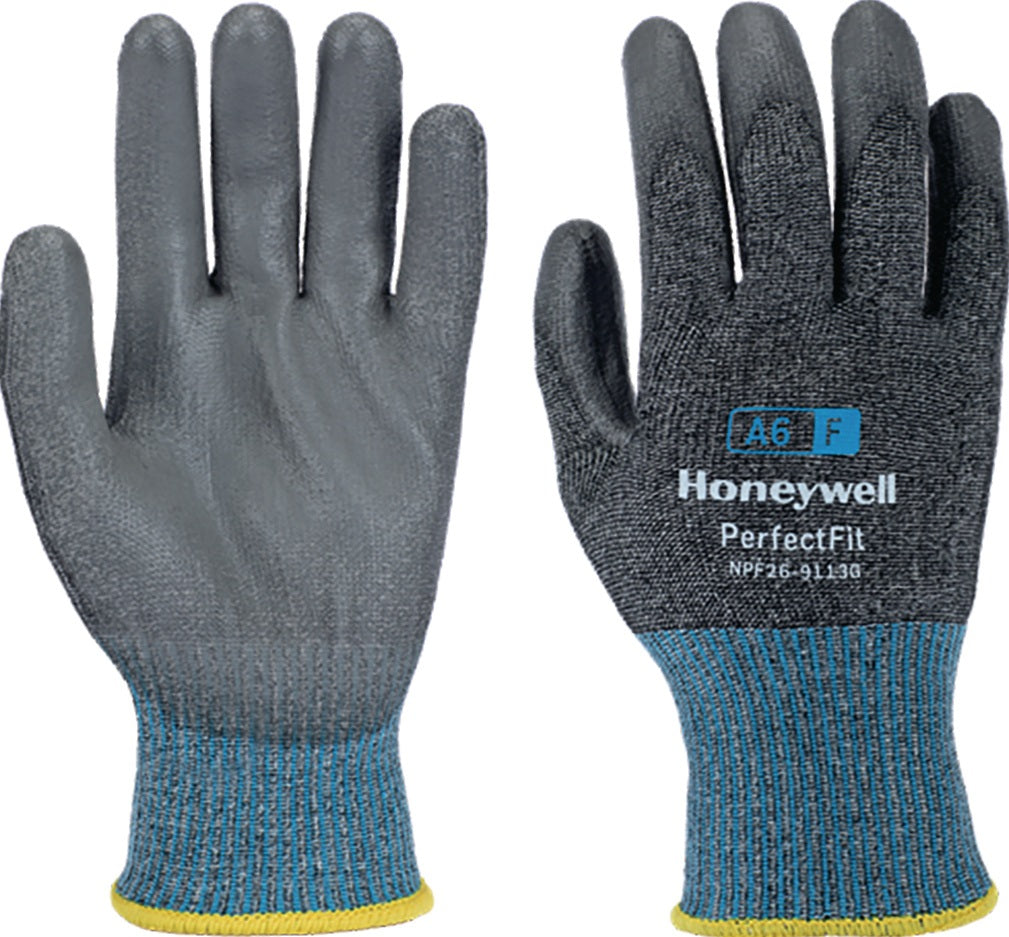 HONEYWELL Schnitthandschuh New Perfect Fit 13G PU A6/F Gr.9 grau/blau EN 388 PSA II – 10 Paar