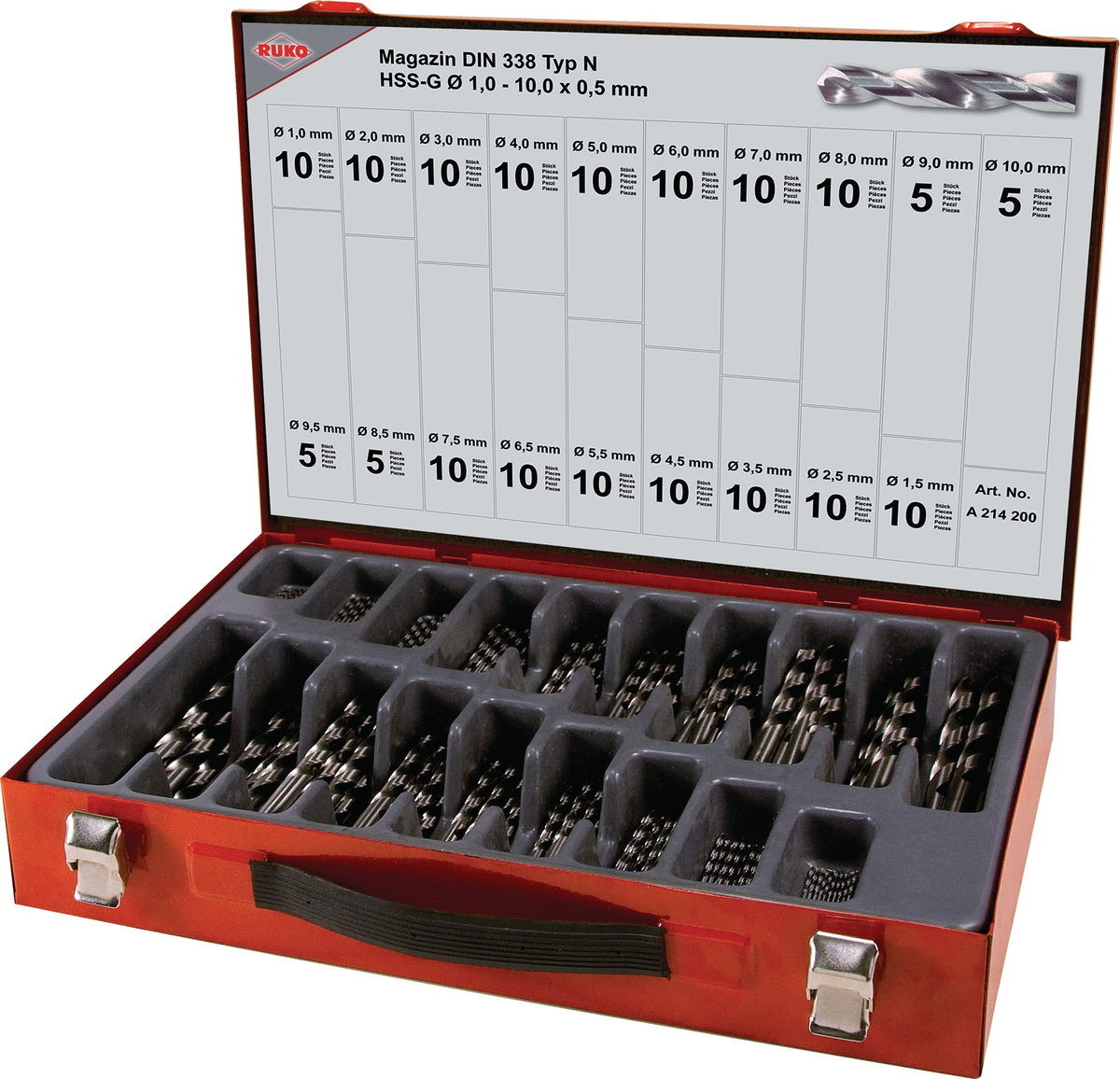 RUKO Spiralbohrermagazin DIN 338 Typ N 1-10 mm 170-teilig im Metallkoffer