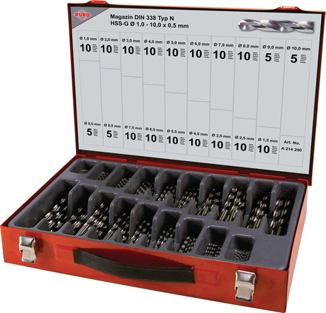 RUKO Spiralbohrermagazin DIN 338 Typ N 1-10 mm 170-teilig im Metallkoffer