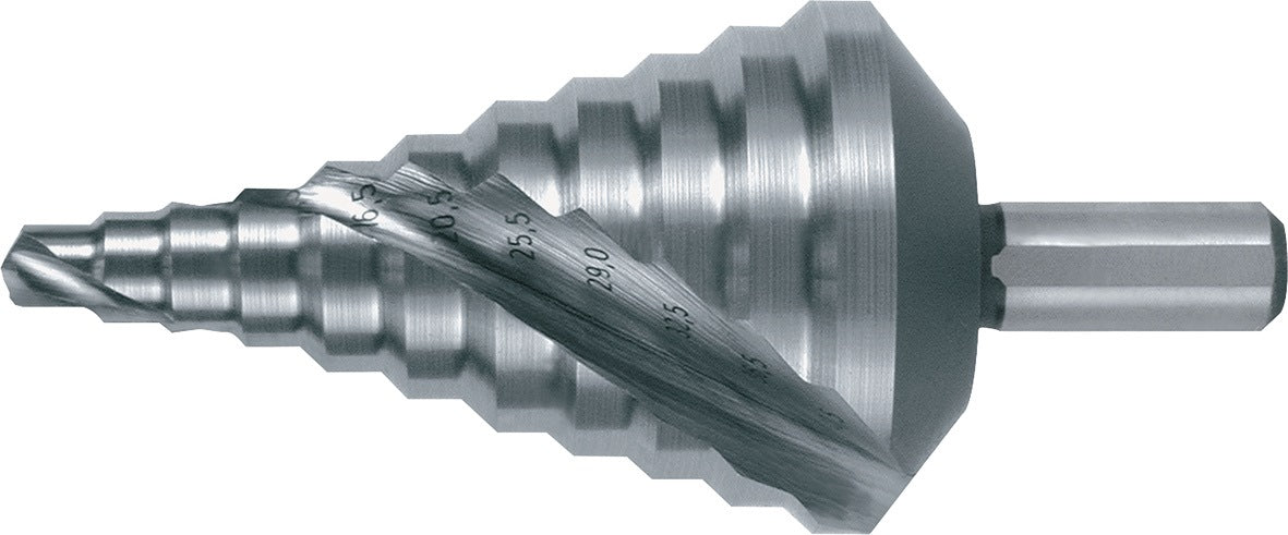 RUKO Stufenbohrer HSS spiralgenutet 5,3–30,5 mm mit 9 Stufen für Kabelverschraubungen
