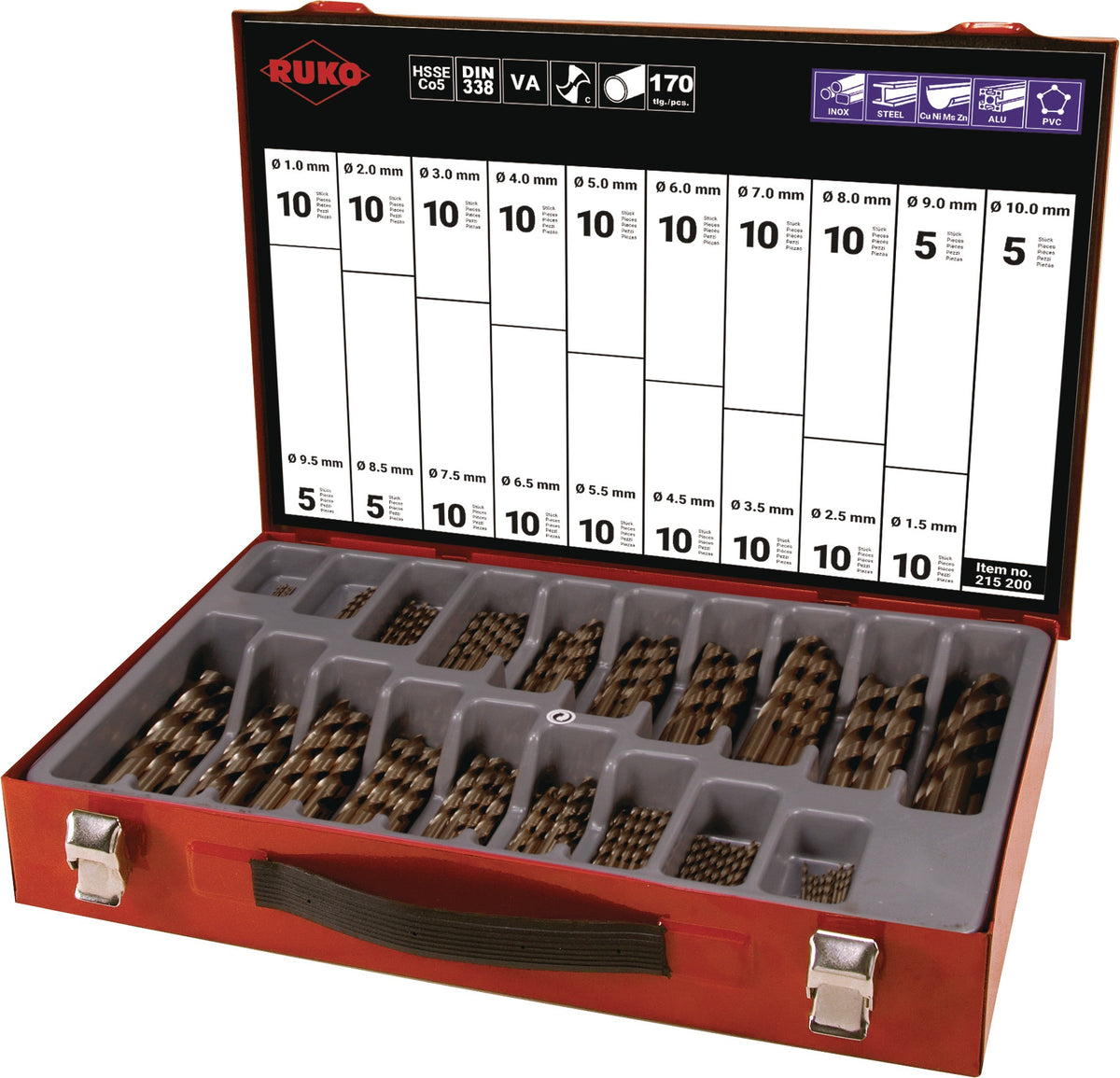 RUKO Spiralbohrermagazin DIN 338 Typ N 1-10 mm HSS 170-teilig im Kunststoffkoffer