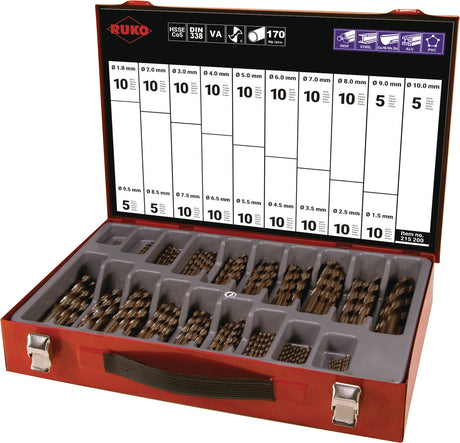 RUKO Spiralbohrermagazin DIN 338 Typ N 1-10 mm HSS 170-teilig im Kunststoffkoffer