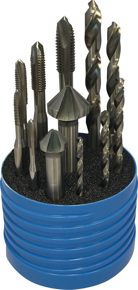 PROMAT Gewinde-Komplett-Set 12tlg. 3 in 1 Multibox – Spiralbohrer, Senker & Gewindebohrer