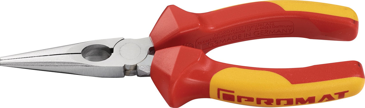 PROMAT Flachrundzange 160 mm VDE-isoliert mit Schneide und Mehrkomponenten-Hüllen