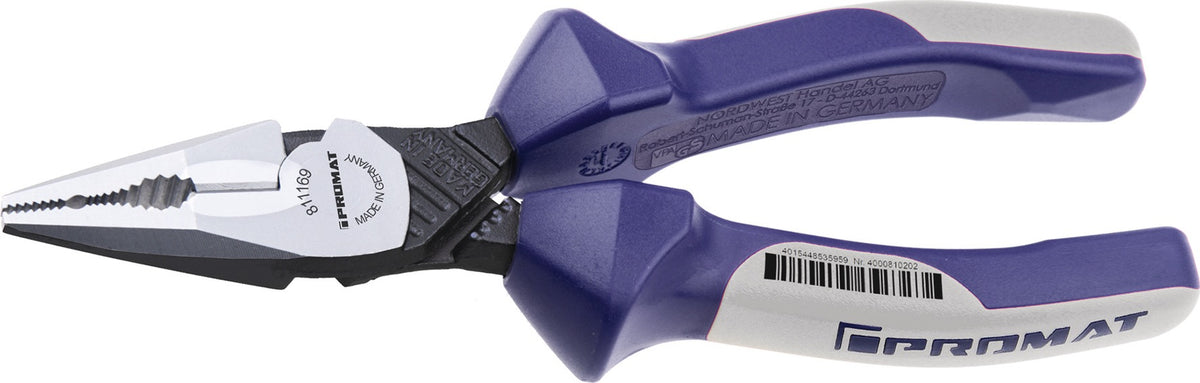 PROMAT Kraftspitzkombizange 160 mm – 30 % Kraftersparnis, polierter Kopf, Mehrkomponentengriff