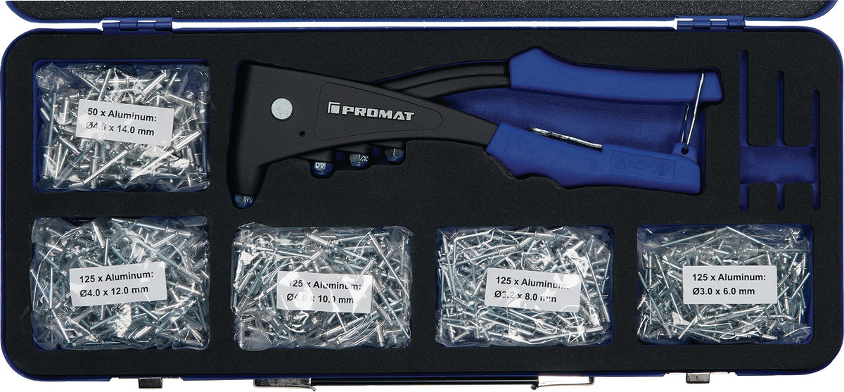 PROMAT Blindnietsortiment 601-teilig mit Handnietzange im Stahlblechkoffer