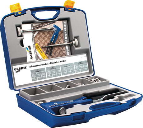 GESIPA Blindnietmutternsortimentbox 156-teilig mit Zange GBM 10 und Blindnietmuttern M4–M6 im Kunststoffkoffer