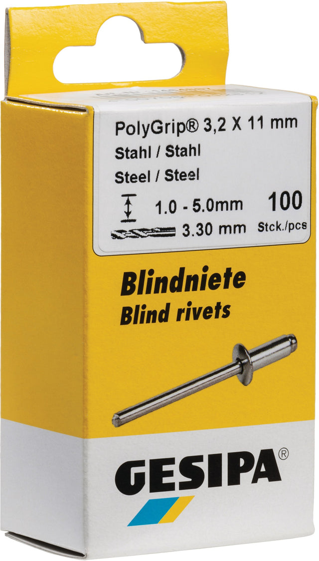 GESIPA Blindniet PolyGrip® Nietschaft 3,2x8 mm Stahl/Stahl – 100 Stück, Flachrundkopf