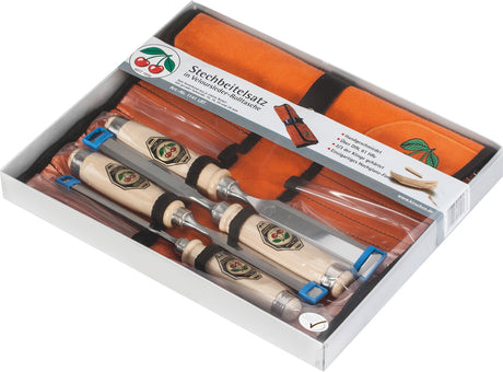 KIRSCHEN Stechbeitelsatz 4-teilig 10, 16, 20, 26 mm Weißbuchenheft in Lederrolltasche