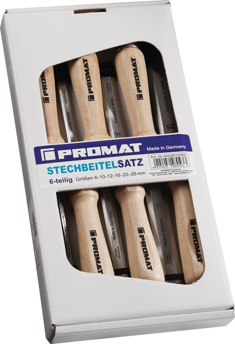 PROMAT Stechbeitelsatz 6-teilig 6–26 mm CV-Stahl Weißbuchenheft Ulmer Form