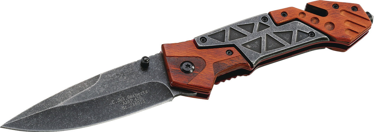 HERBERTZ Rettungsmesser mit Pakkaholz-Griff, Gurtschneider & Schlagdorn – 92 mm Klinge