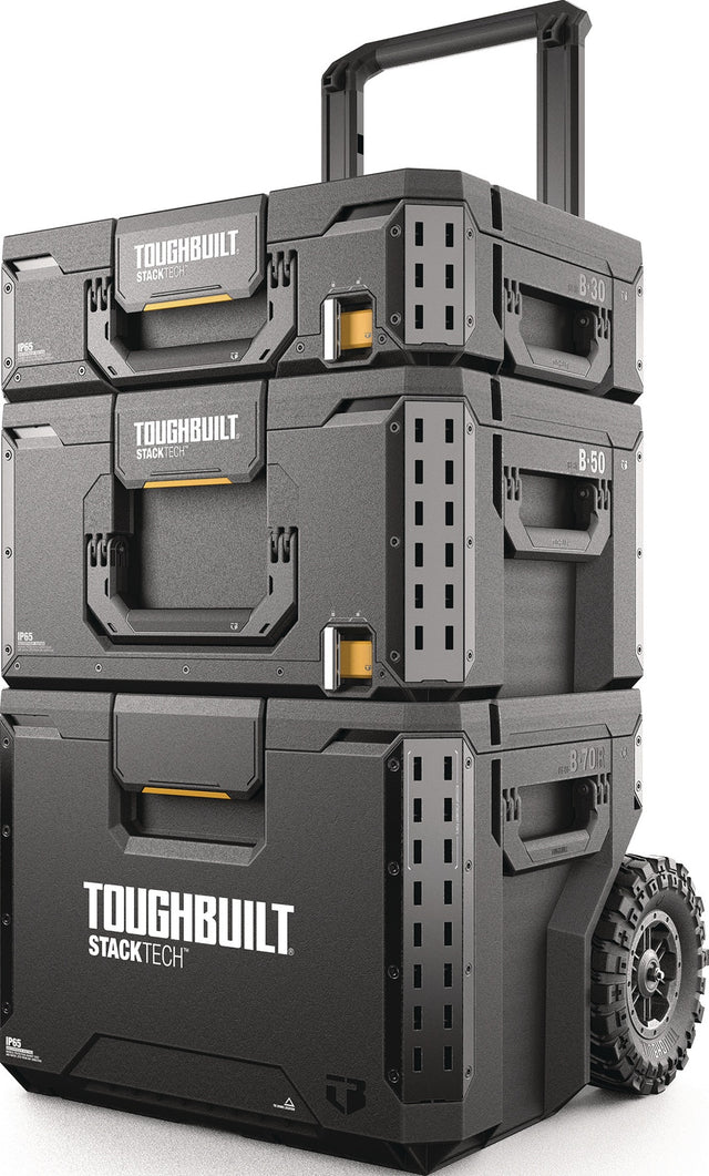 ToughBuilt StackTech Werkzeugkisten-Set fahrbar – 3-teilig, stapelbar, mit Rollen und Teleskopgriff