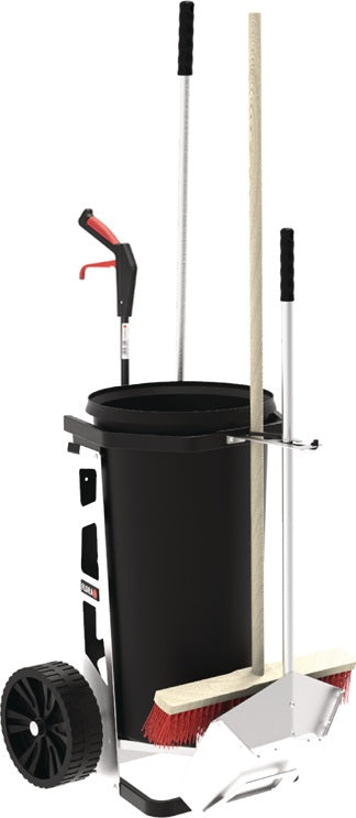 FLORA Reinigungswagen Tonne 60 l mit Greifzange, Schaufel und Besen – Kompakter Handwagen