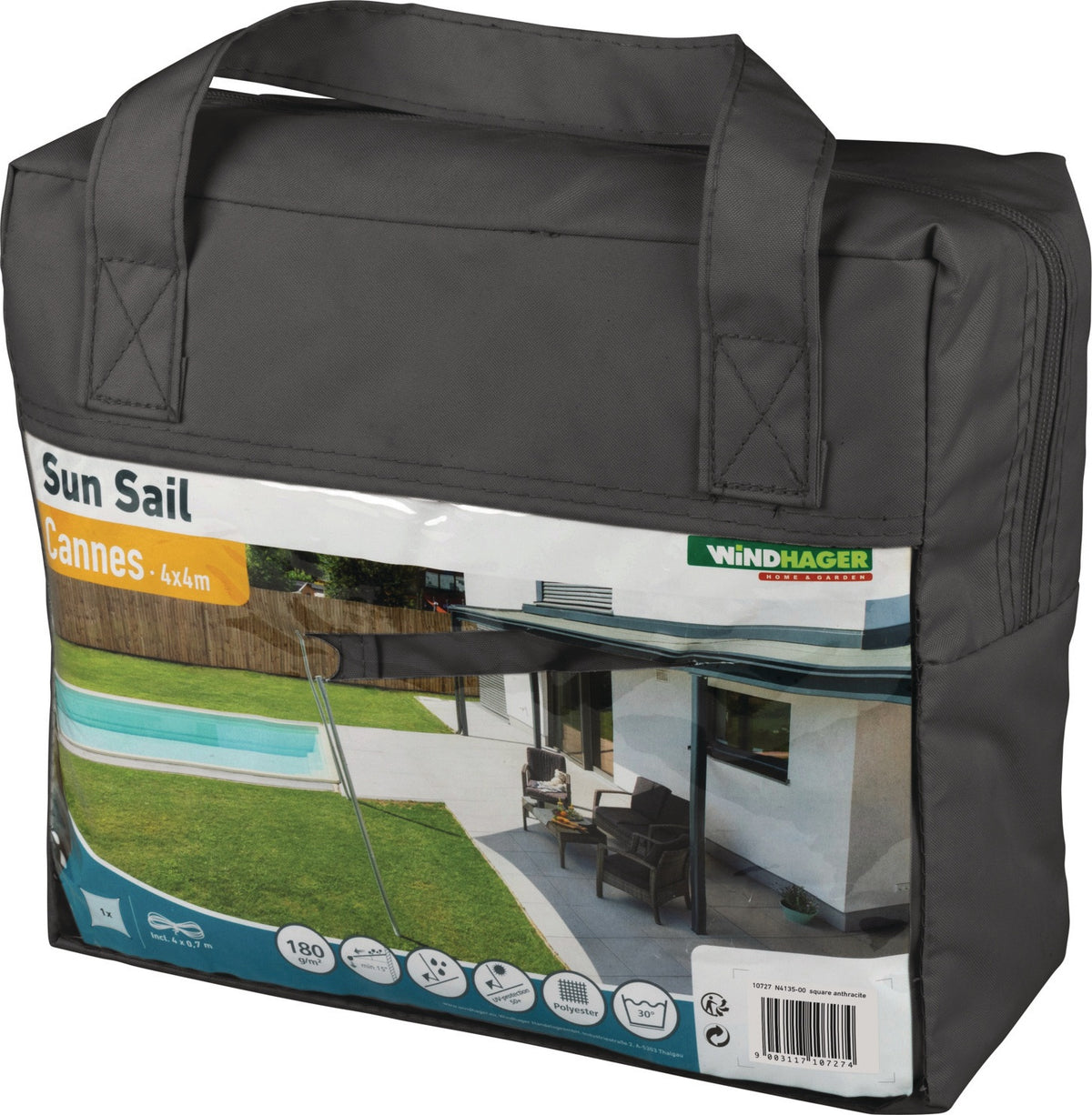 Sonnensegel CANNES QU 4x4 m anthrazit von WINDHAGER – UV-Schutz 50+, wind- und wasserabweisend