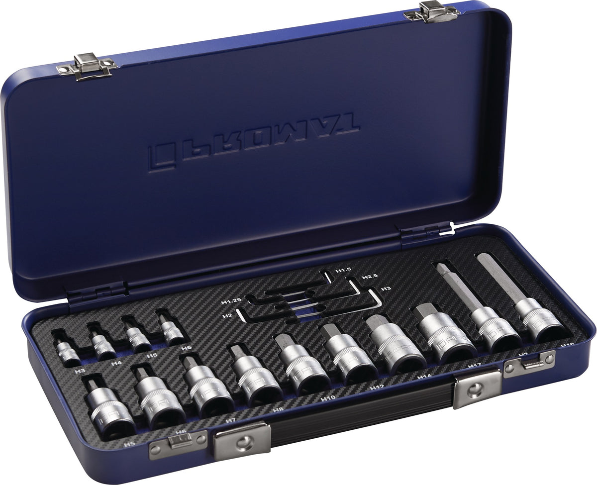 PROMAT Steckschlüsselsatz 19-teilig 1/4 + 1/2 Zoll 1,25-17 mm für Innen-6-kant