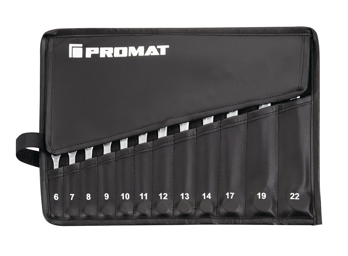 PROMAT Ringmaulschlüsselsatz 12-teilig SW 6-22 mm CV-Stahl verchromt in Rolltasche